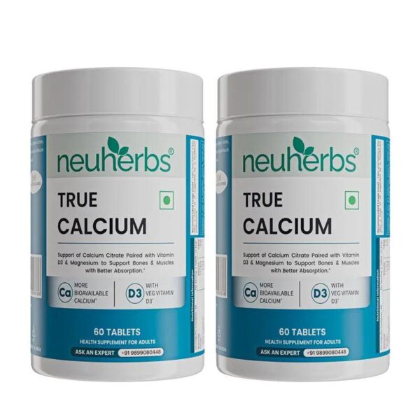 Neuherbs True Calcium Supplement 1000mg with Plant-Based Vitamin D3 & Natural Magnesium – 60 Vegetarian Tablets for Strong Bones, Joints, Teeth & Muscle Support